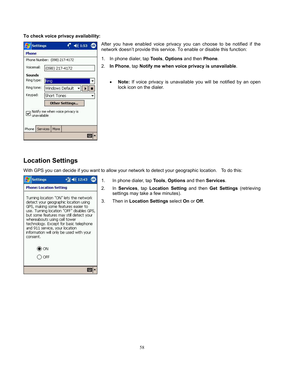 To check voice privacy availability, Location settings | Audiovox Pocket PC Phone User Manual | Page 58 / 113