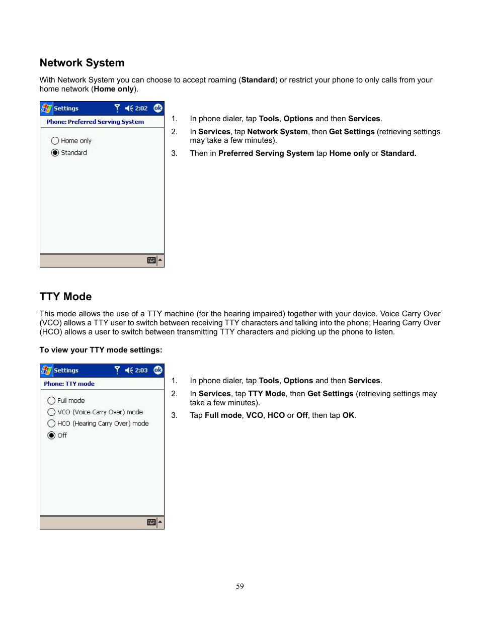 Network system, Tty mode, To view your tty mode settings | Viewing your tty mode settings | Audiovox Pocket PC Phone User Manual | Page 59 / 113