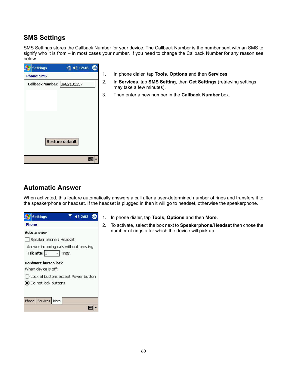 Sms settings, Automatic answer | Audiovox Pocket PC Phone User Manual | Page 60 / 113