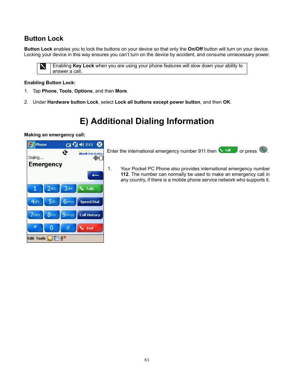 Button lock, Enabling button lock, E) additional dialing information | Making an emergency call | Audiovox Pocket PC Phone User Manual | Page 61 / 113