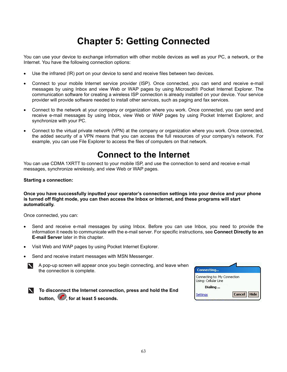 Chapter 5: getting connected, Connect to the internet, Starting a connection | Audiovox Pocket PC Phone User Manual | Page 63 / 113
