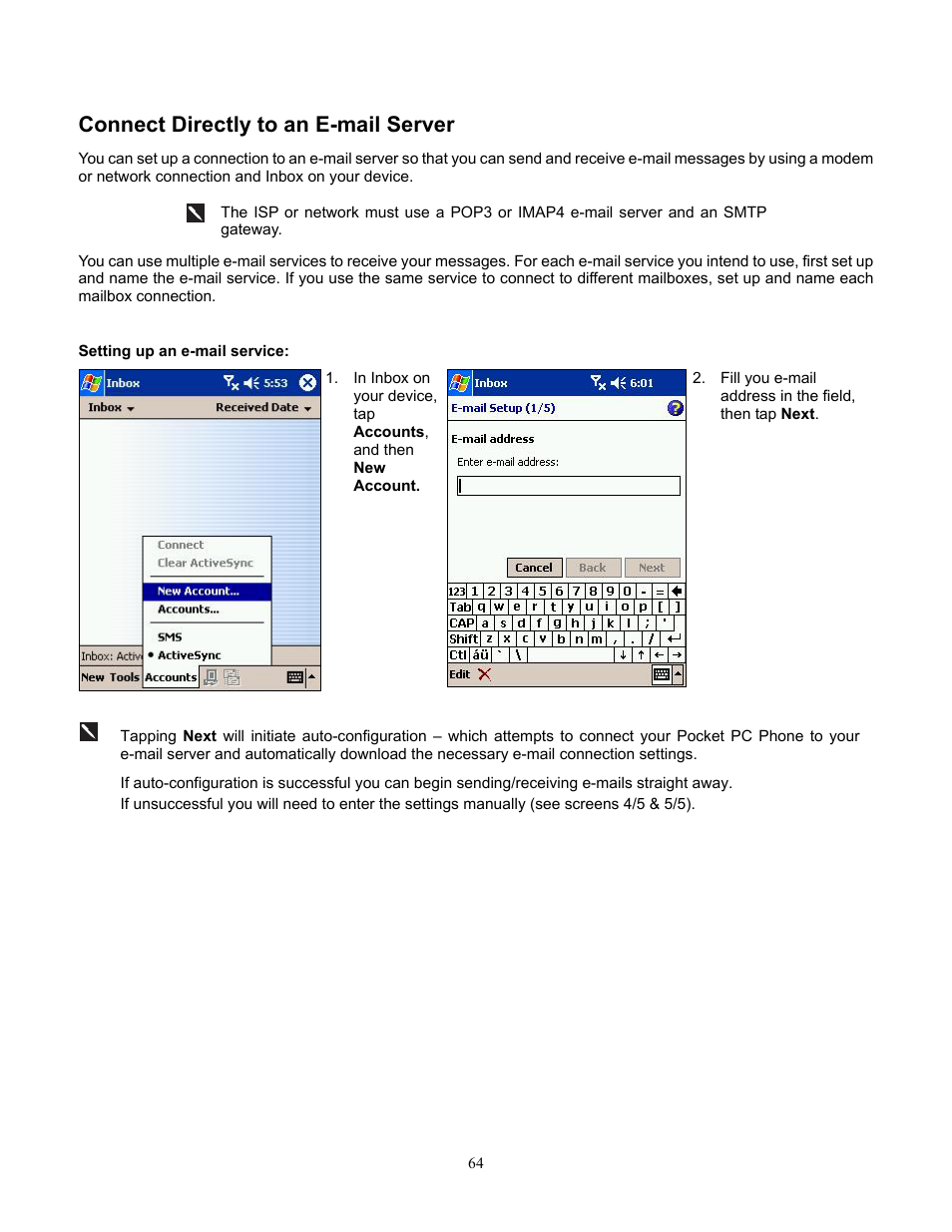 Connect directly to an e-mail server, Setting up an e-mail service | Audiovox Pocket PC Phone User Manual | Page 64 / 113