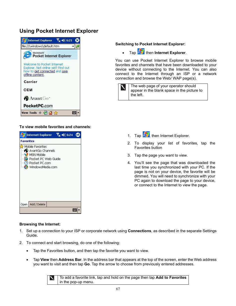 Using pocket internet explorer, Switching to pocket internet explorer, To view mobile favorites and channels | Browsing the internet, Viewing mobile favorites and channels | Audiovox Pocket PC Phone User Manual | Page 67 / 113