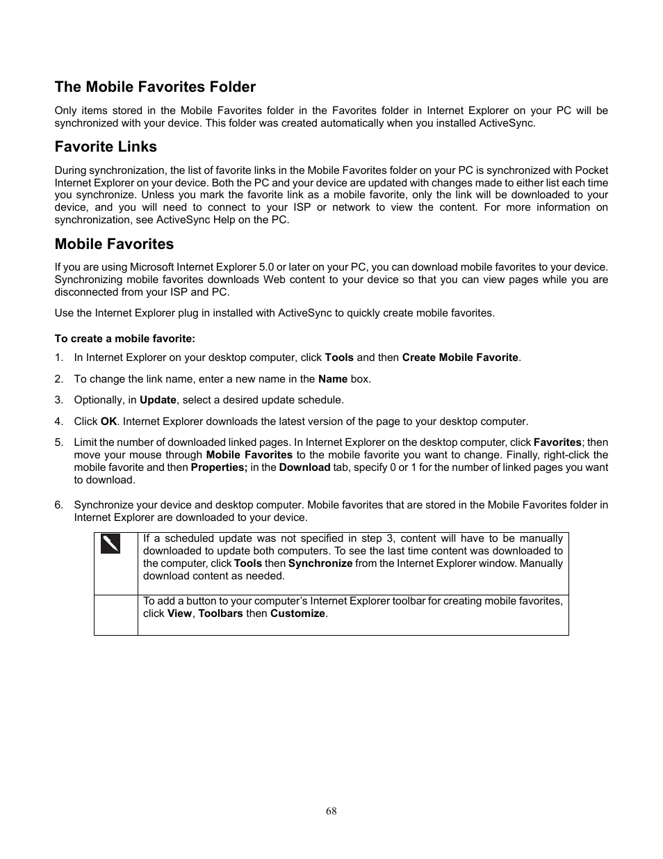 The mobile favorites folder, Favorite links, Mobile favorites | To create a mobile favorite, Creating a mobile favorite | Audiovox Pocket PC Phone User Manual | Page 68 / 113