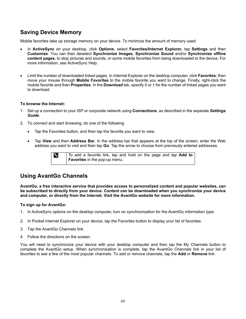 Saving device memory, To browse the internet, Using avantgo channels | To sign up for avantgo, Browsing the internet | Audiovox Pocket PC Phone User Manual | Page 69 / 113