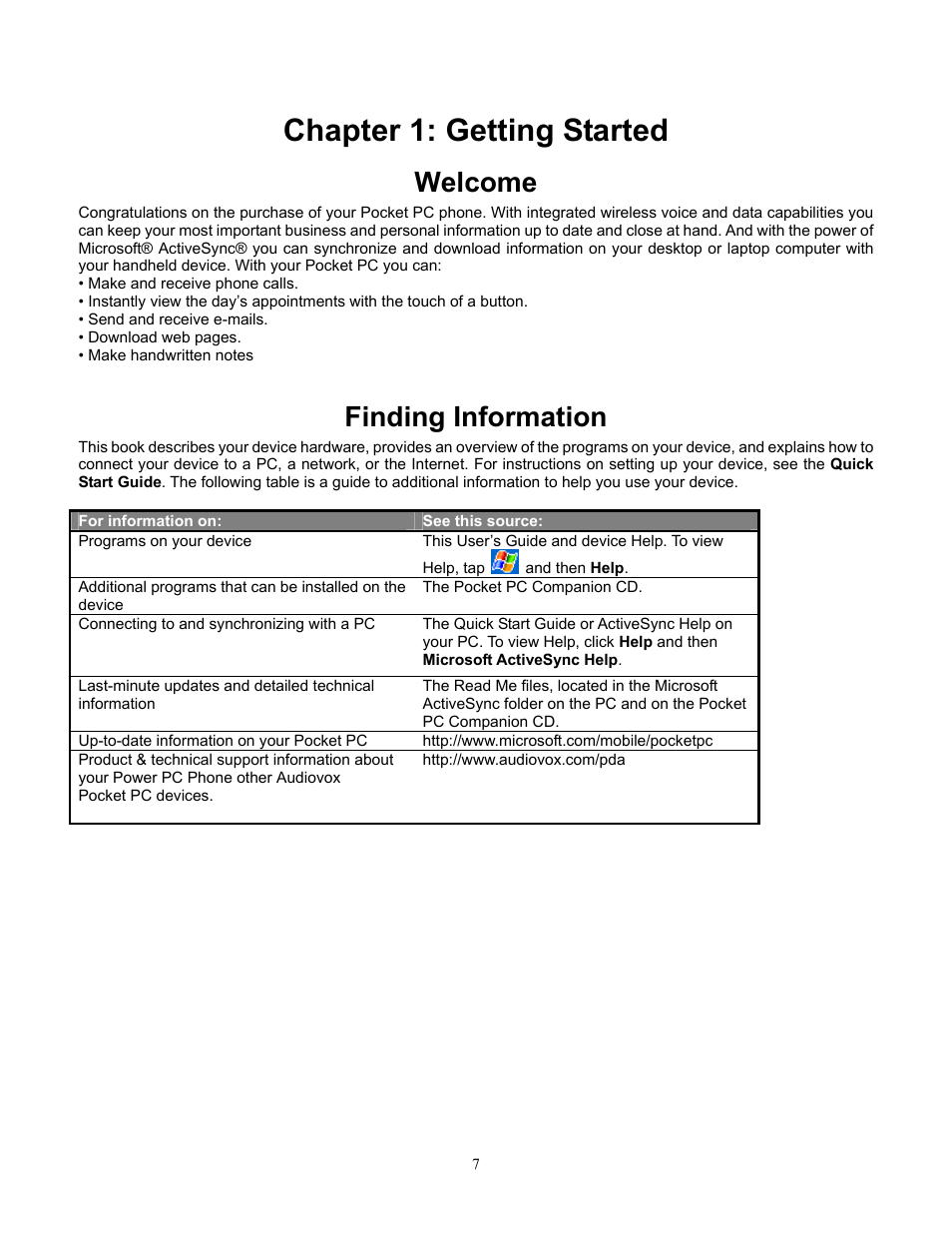 Chapter 1: getting started, Welcome, Finding information | Welcome where to find information | Audiovox Pocket PC Phone User Manual | Page 7 / 113