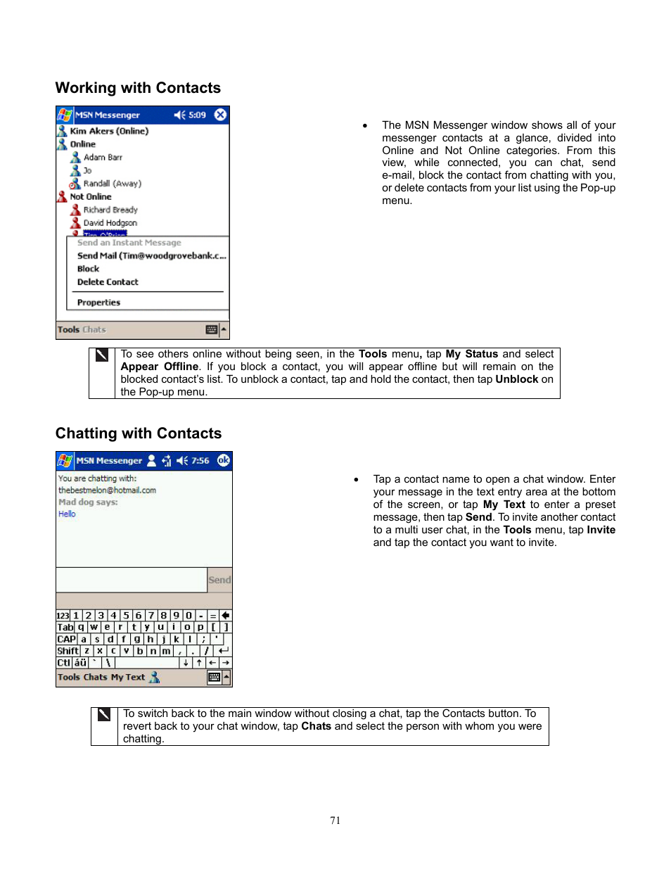 Working with contacts, Chatting with contacts | Audiovox Pocket PC Phone User Manual | Page 71 / 113