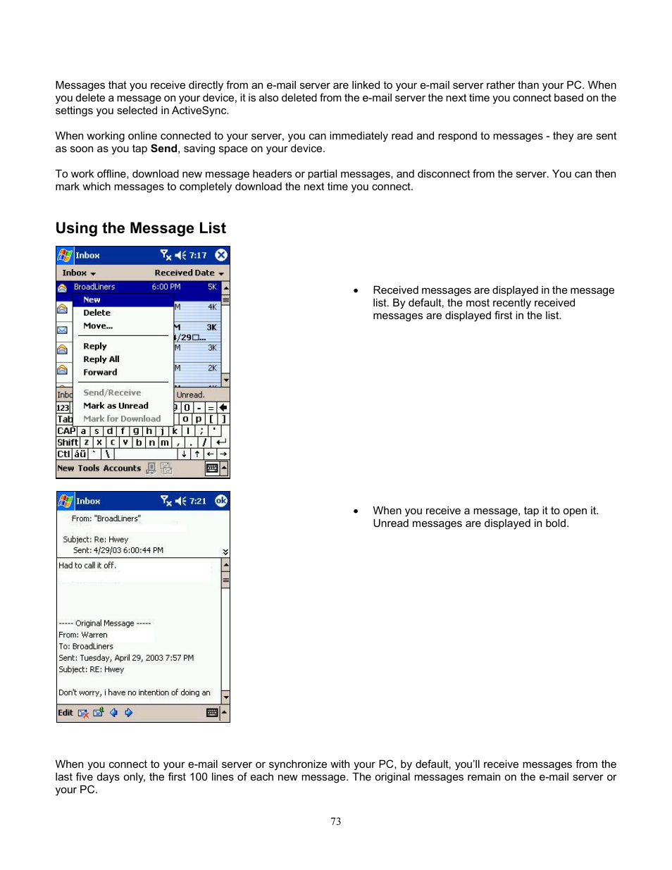 Using the message list | Audiovox Pocket PC Phone User Manual | Page 73 / 113