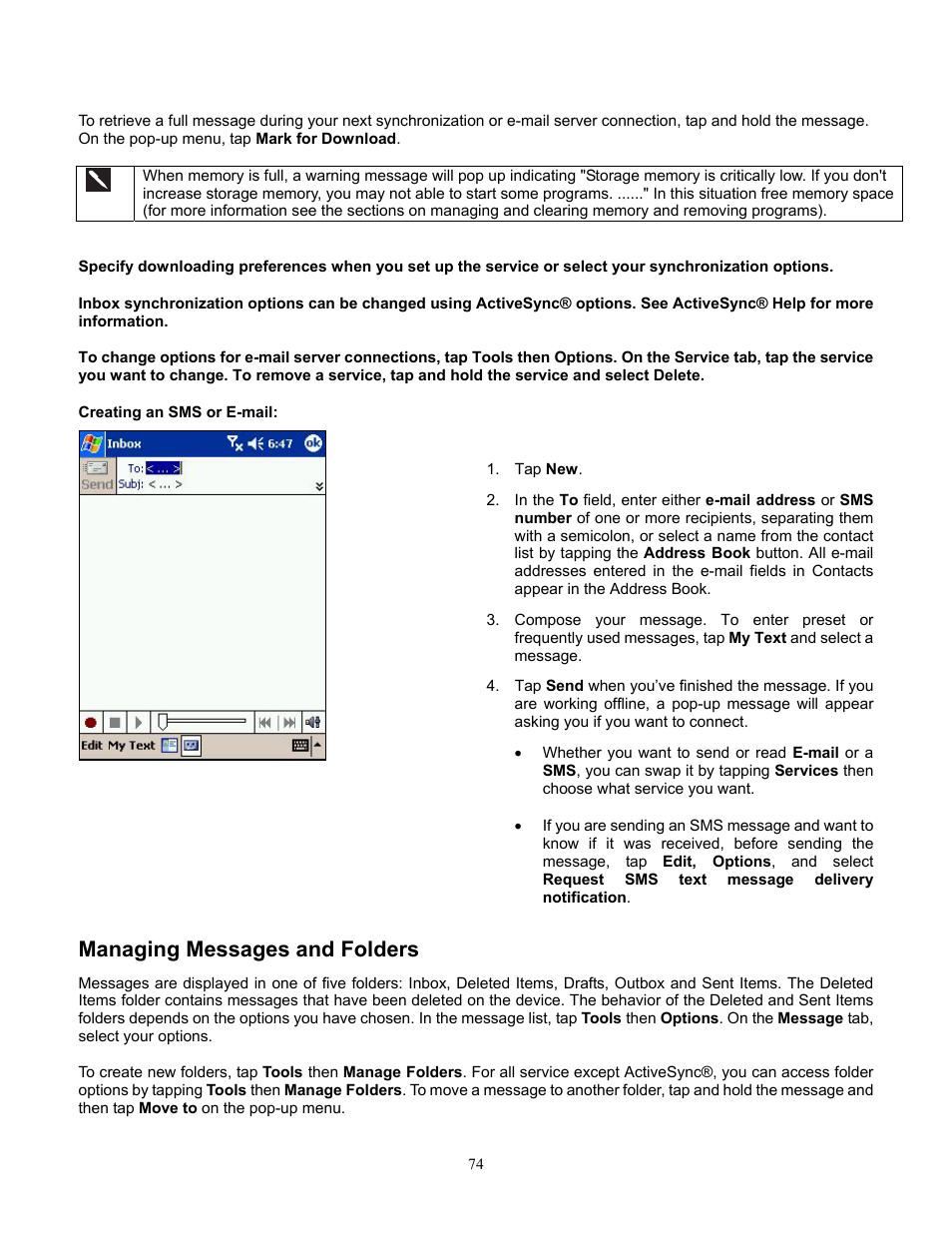Inbox synchronization options can be changed usin, Creating an sms or e-mail, Managing messages and folders | Audiovox Pocket PC Phone User Manual | Page 74 / 113