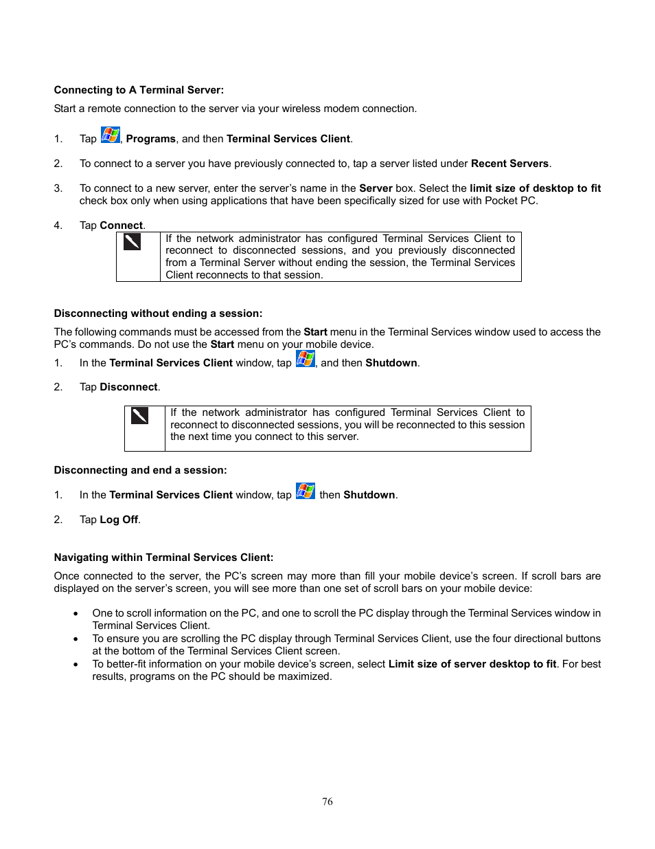 Connecting to a terminal server, Disconnecting without ending a session, Disconnecting and end a session | Navigating within terminal services client | Audiovox Pocket PC Phone User Manual | Page 76 / 113