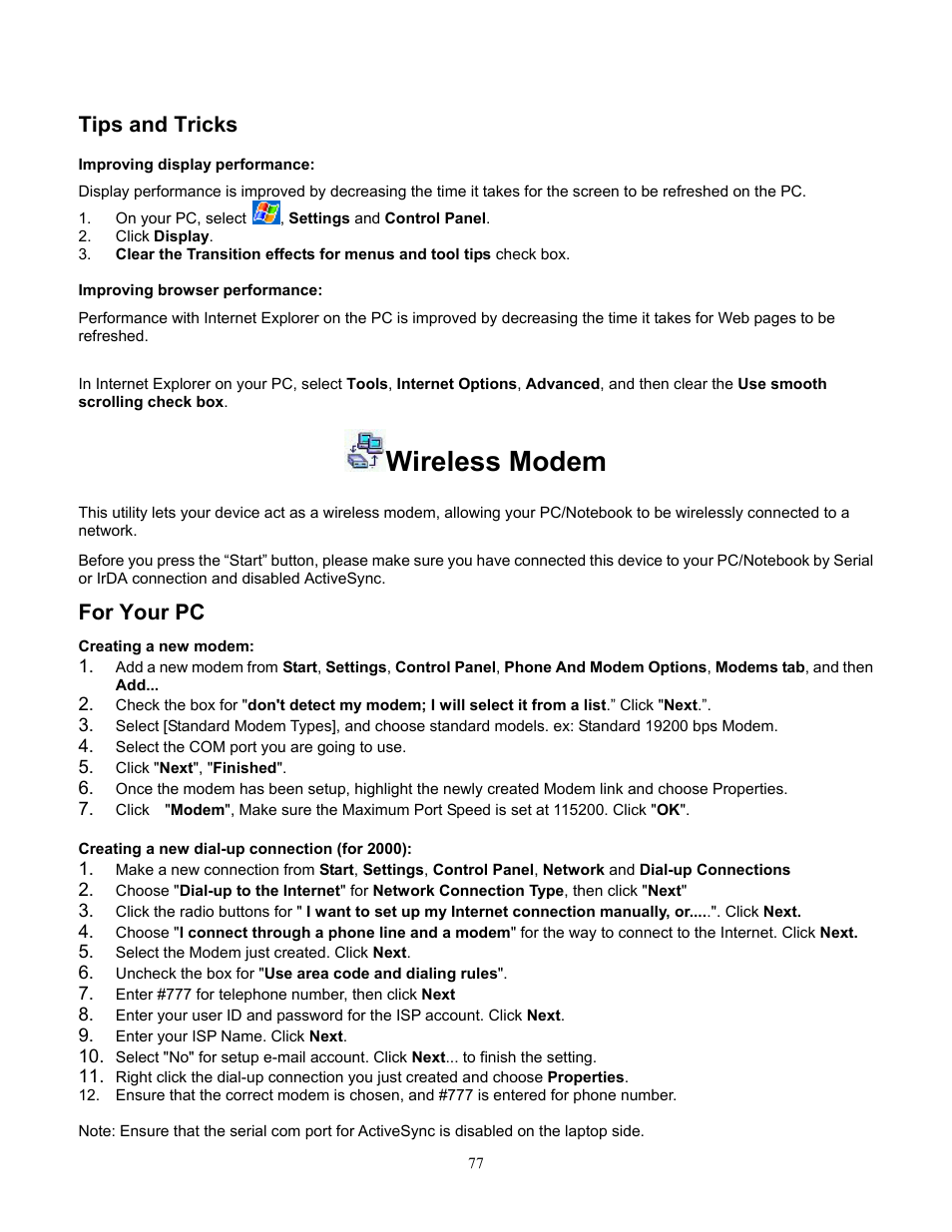 Tips and tricks, Improving display performance, Improving browser performance | Wireless modem, For your pc, Creating a new dial-up connection (for 2000) | Audiovox Pocket PC Phone User Manual | Page 77 / 113