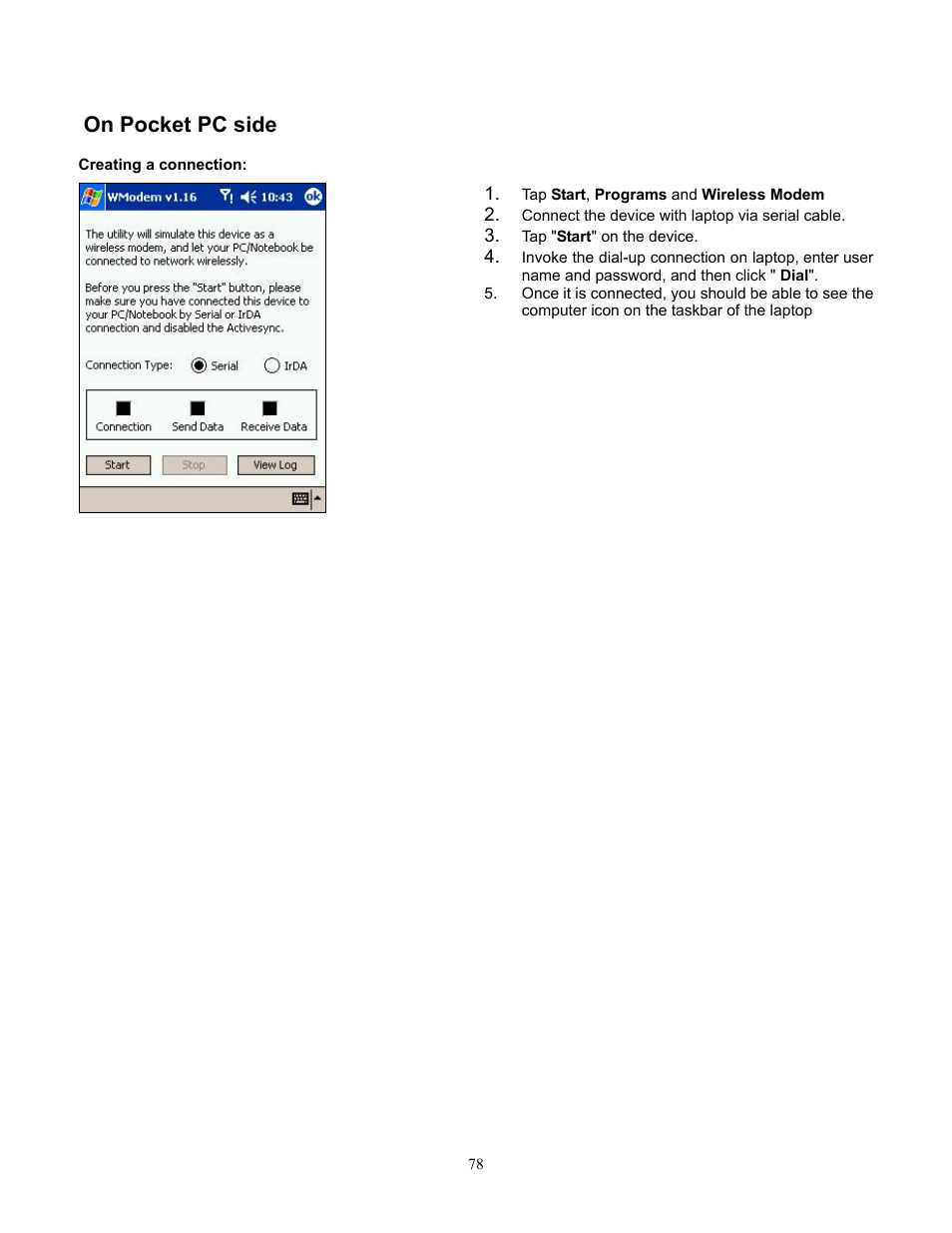 Creating a connection, On pocket pc side | Audiovox Pocket PC Phone User Manual | Page 78 / 113