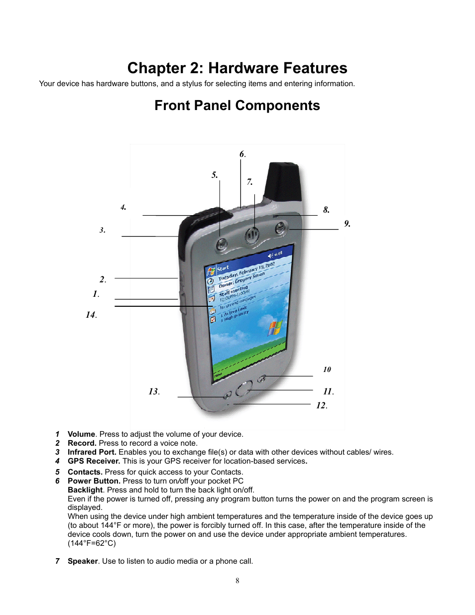 Chapter 2: hardware features, Front panel components | Audiovox Pocket PC Phone User Manual | Page 8 / 113
