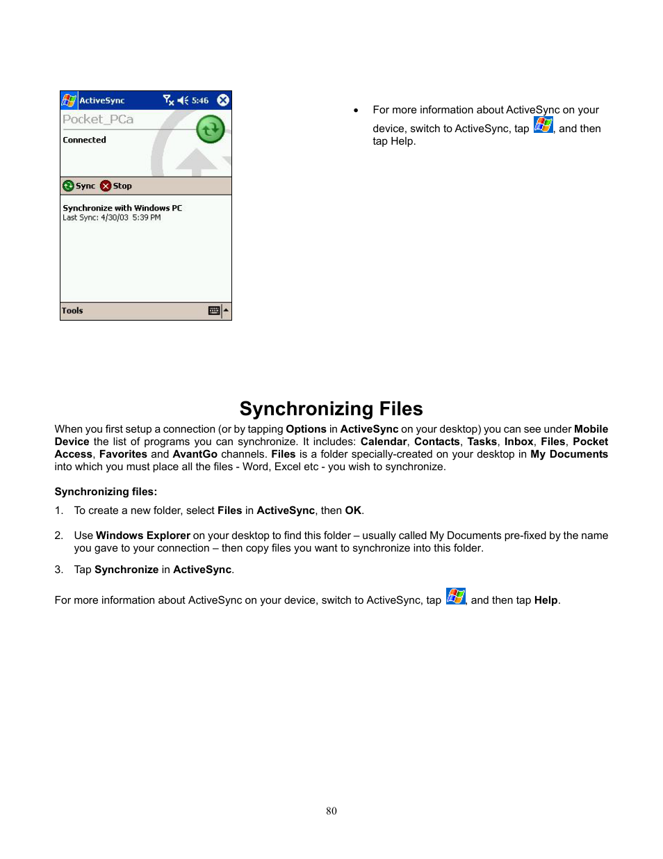 Synchronizing files | Audiovox Pocket PC Phone User Manual | Page 80 / 113