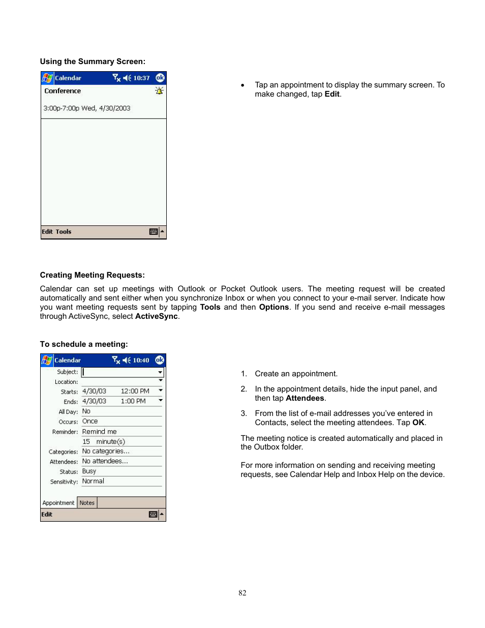 Using the summary screen, Creating meeting requests, To schedule a meeting | Scheduling a meeting | Audiovox Pocket PC Phone User Manual | Page 82 / 113