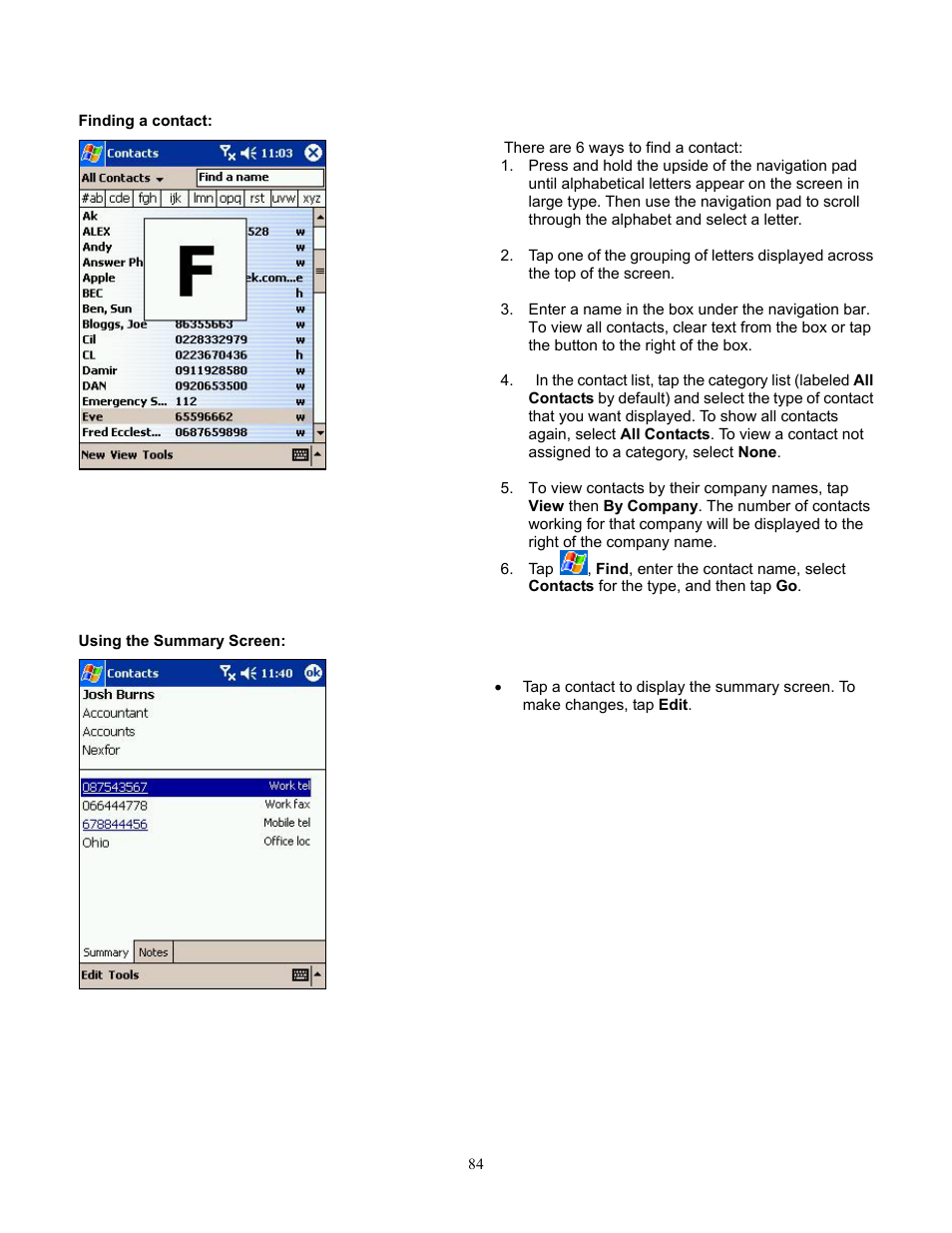 Finding a contact, Using the summary screen | Audiovox Pocket PC Phone User Manual | Page 84 / 113