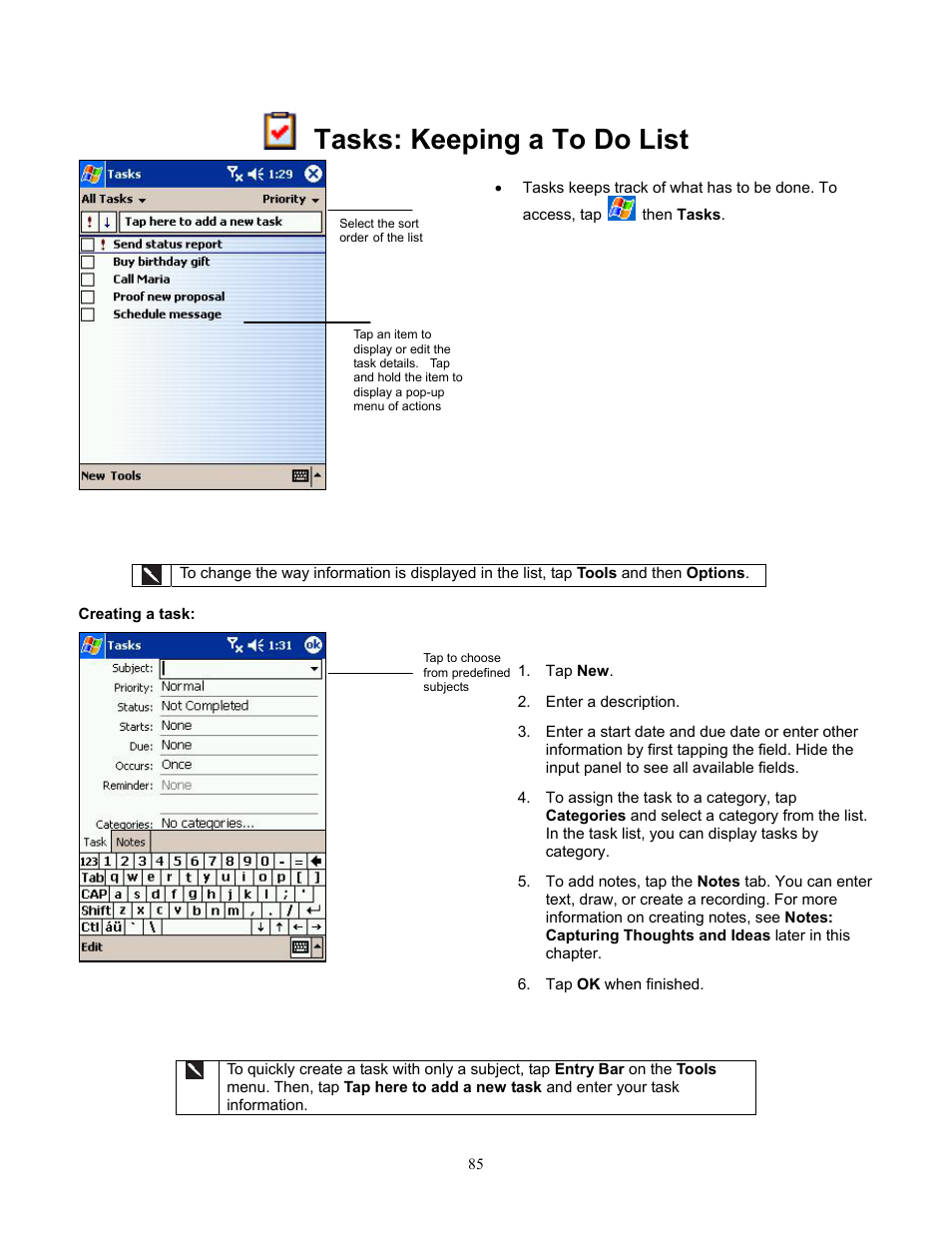 Tasks: keeping a to do list, Creating a task | Audiovox Pocket PC Phone User Manual | Page 85 / 113