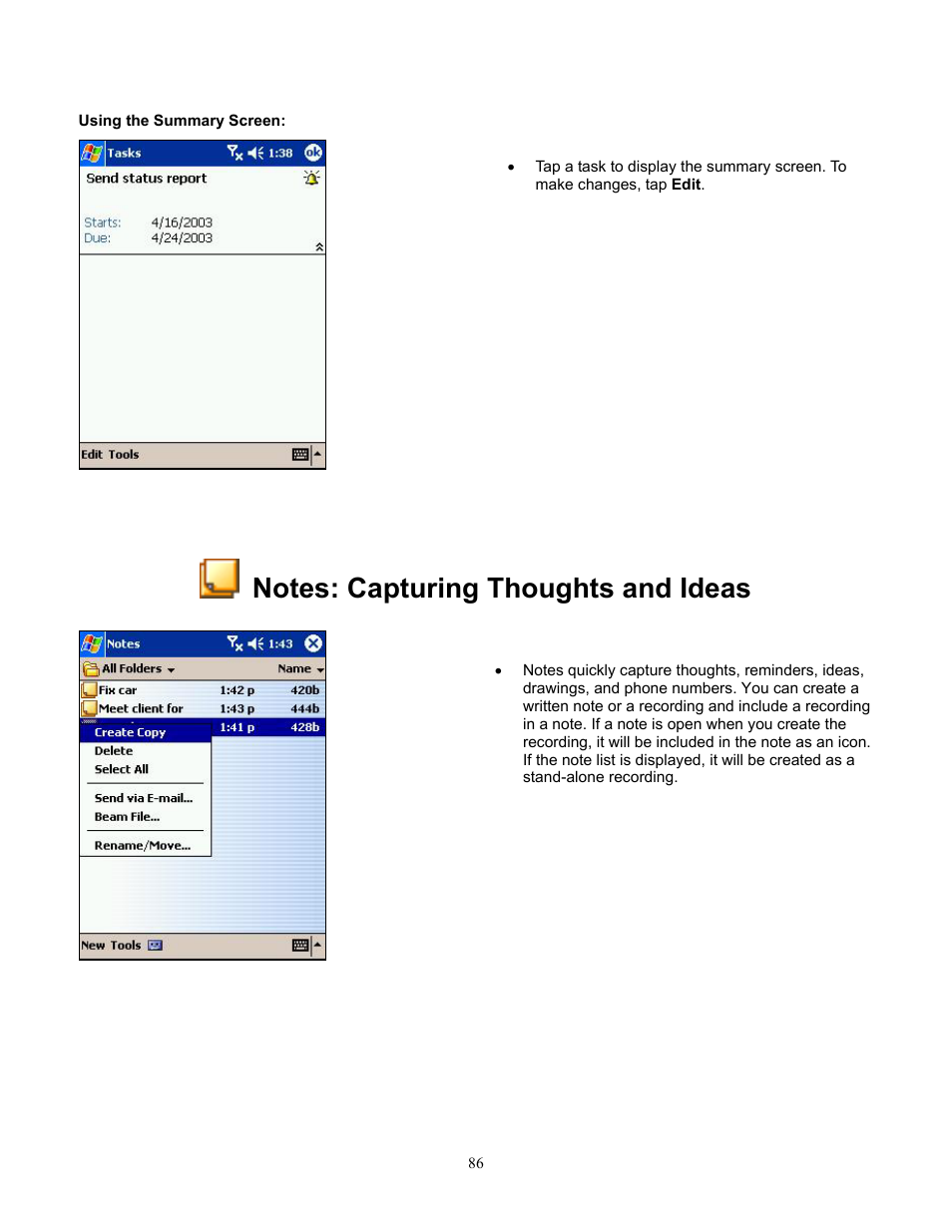 Using the summary screen, Notes: capturing thoughts and ideas | Audiovox Pocket PC Phone User Manual | Page 86 / 113