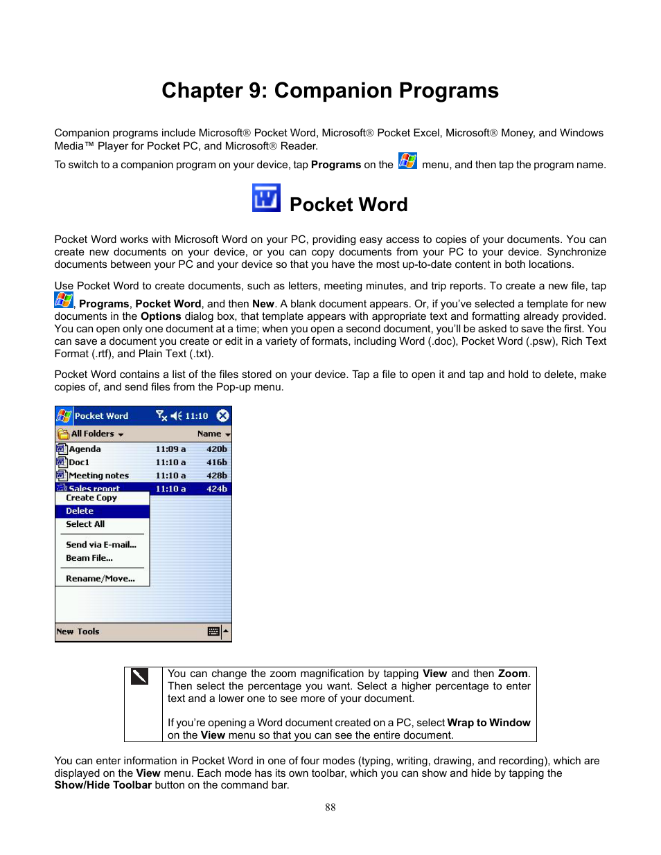 Pocket word, Chapter 9: companion programs | Audiovox Pocket PC Phone User Manual | Page 88 / 113