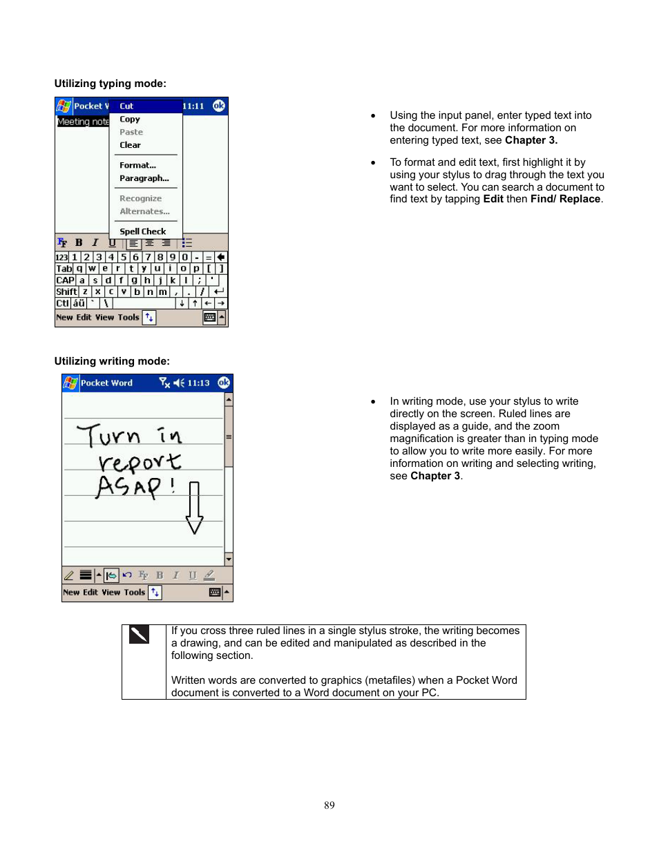 Utilizing typing mode, Utilizing writing mode | Audiovox Pocket PC Phone User Manual | Page 89 / 113