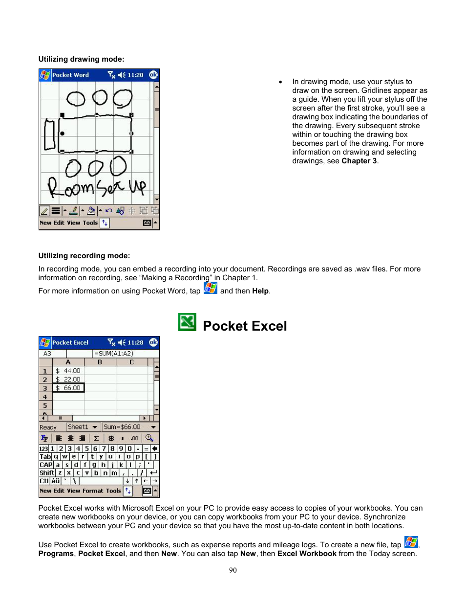 Utilizing drawing mode, Utilizing recording mode, Pocket excel | Audiovox Pocket PC Phone User Manual | Page 90 / 113