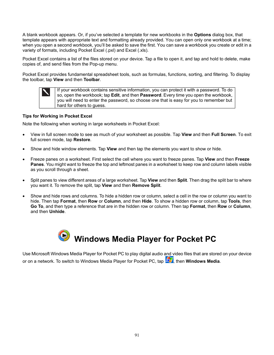 Tips for working in pocket excel, Windows media player for pocket pc | Audiovox Pocket PC Phone User Manual | Page 91 / 113