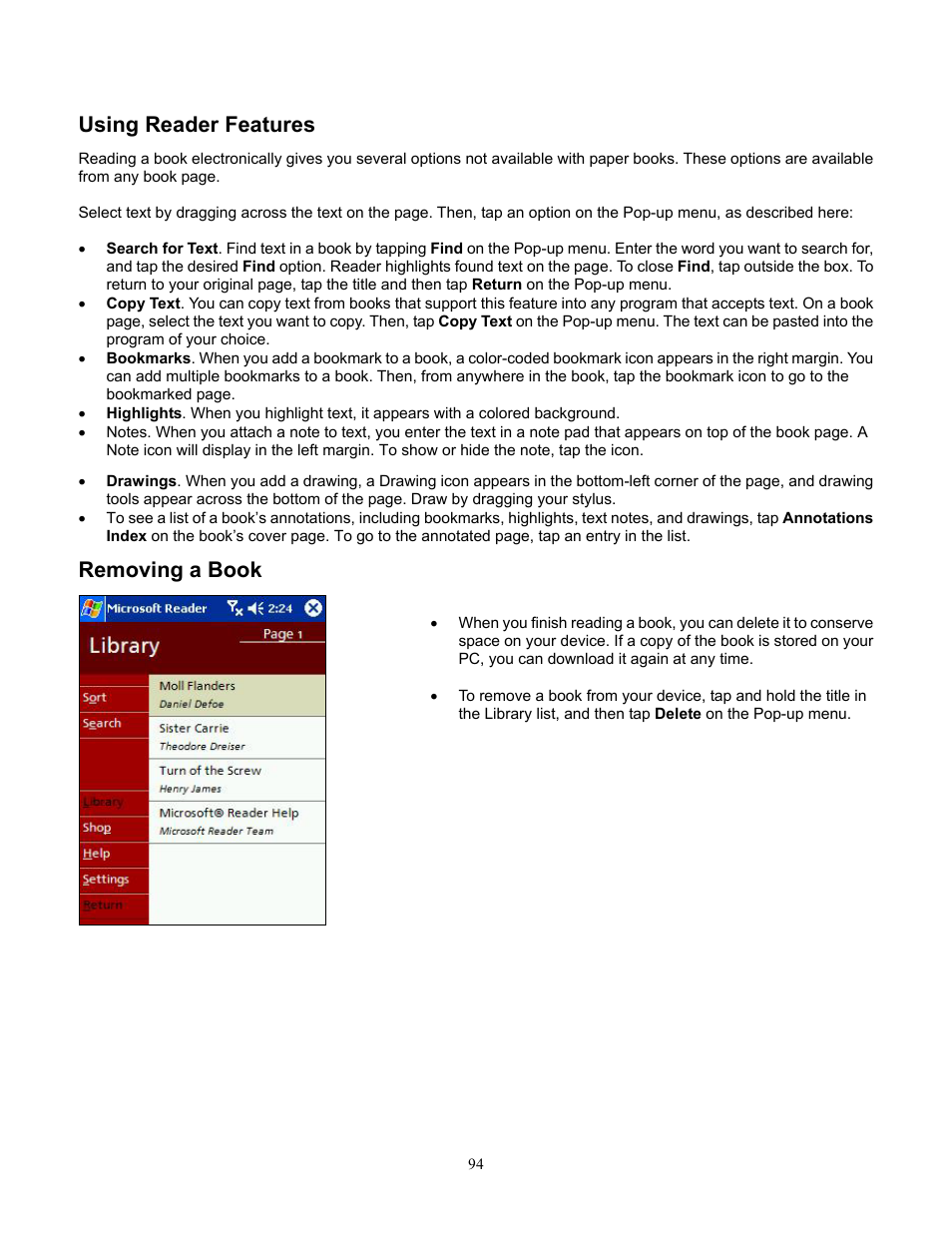Using reader features, Removing a book | Audiovox Pocket PC Phone User Manual | Page 94 / 113