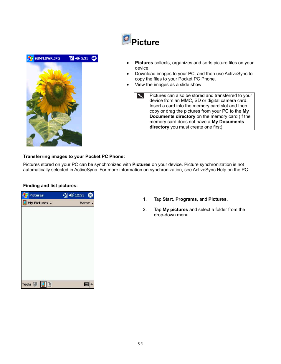 Picture, Transferring images to your pocket pc phone, Finding and list pictures | Audiovox Pocket PC Phone User Manual | Page 95 / 113