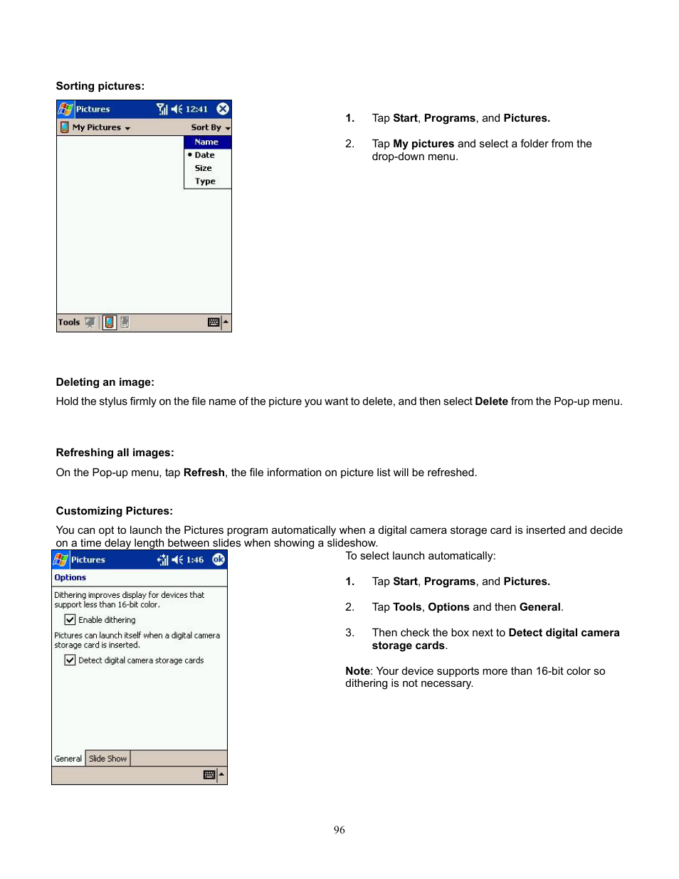 Sorting pictures, Deleting an image, Refreshing all images | Customizing pictures | Audiovox Pocket PC Phone User Manual | Page 96 / 113