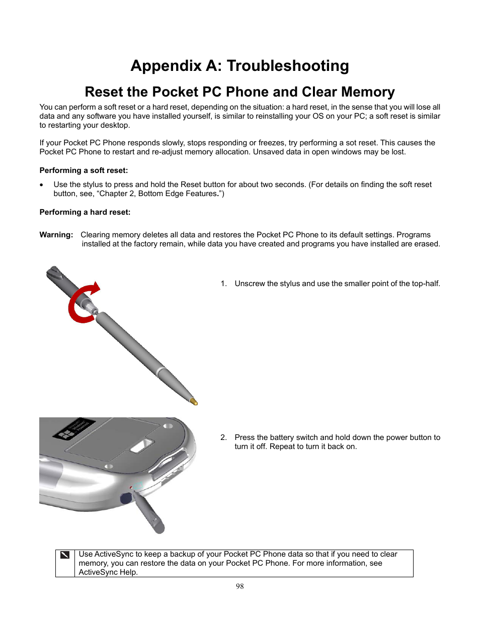 Appendix a: troubleshooting, Reset the pocket pc phone and clear memory, Performing a soft reset | Performing a hard reset | Audiovox Pocket PC Phone User Manual | Page 98 / 113