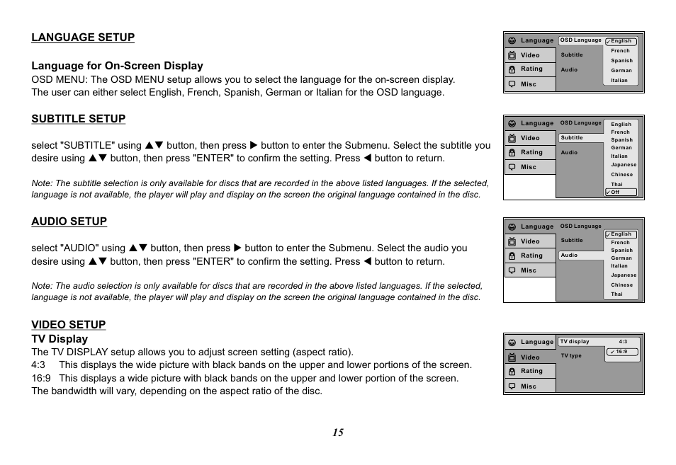 Language setup language for on-screen display, Subtitle setup, Audio setup | Video setup tv display | Audiovox Movies2Go 128-8290 User Manual | Page 15 / 28