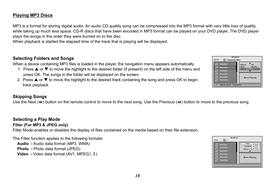 18 playing mp3 discs, Selecting folders and songs, Skipping songs | Selecting a play mode | Audiovox Movies2Go 128-8290 User Manual | Page 18 / 28