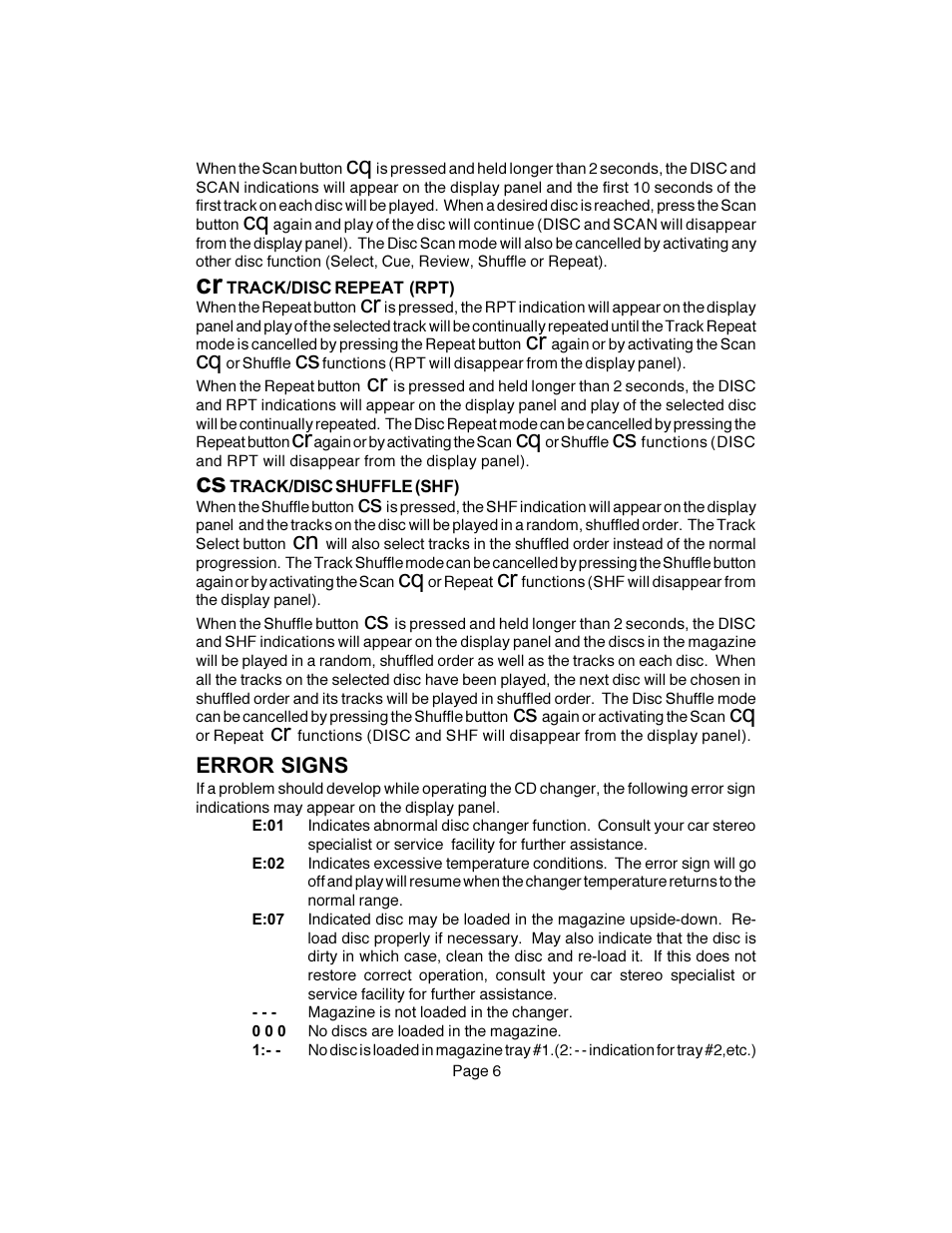 Error signs | Audiovox CE250 User Manual | Page 7 / 8