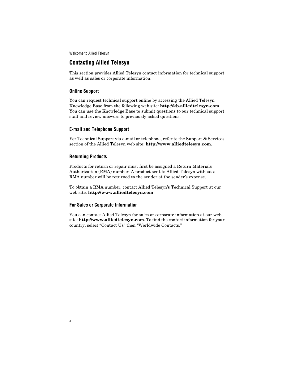 Contacting allied telesyn, Online support, E-mail and telephone support | Returning products, For sales or corporate information | Allied Telesis AT-FS238b/2 User Manual | Page 10 / 76