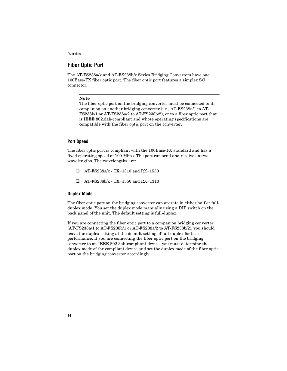 Fiber optic port, Port speed, Duplex mode | Allied Telesis AT-FS238b/2 User Manual | Page 24 / 76