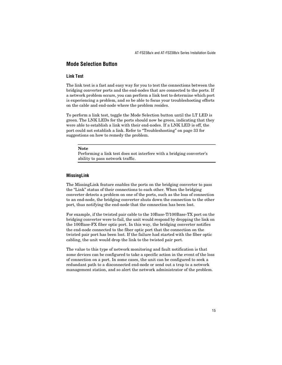 Mode selection button, Link test, Missinglink | Allied Telesis AT-FS238b/2 User Manual | Page 25 / 76