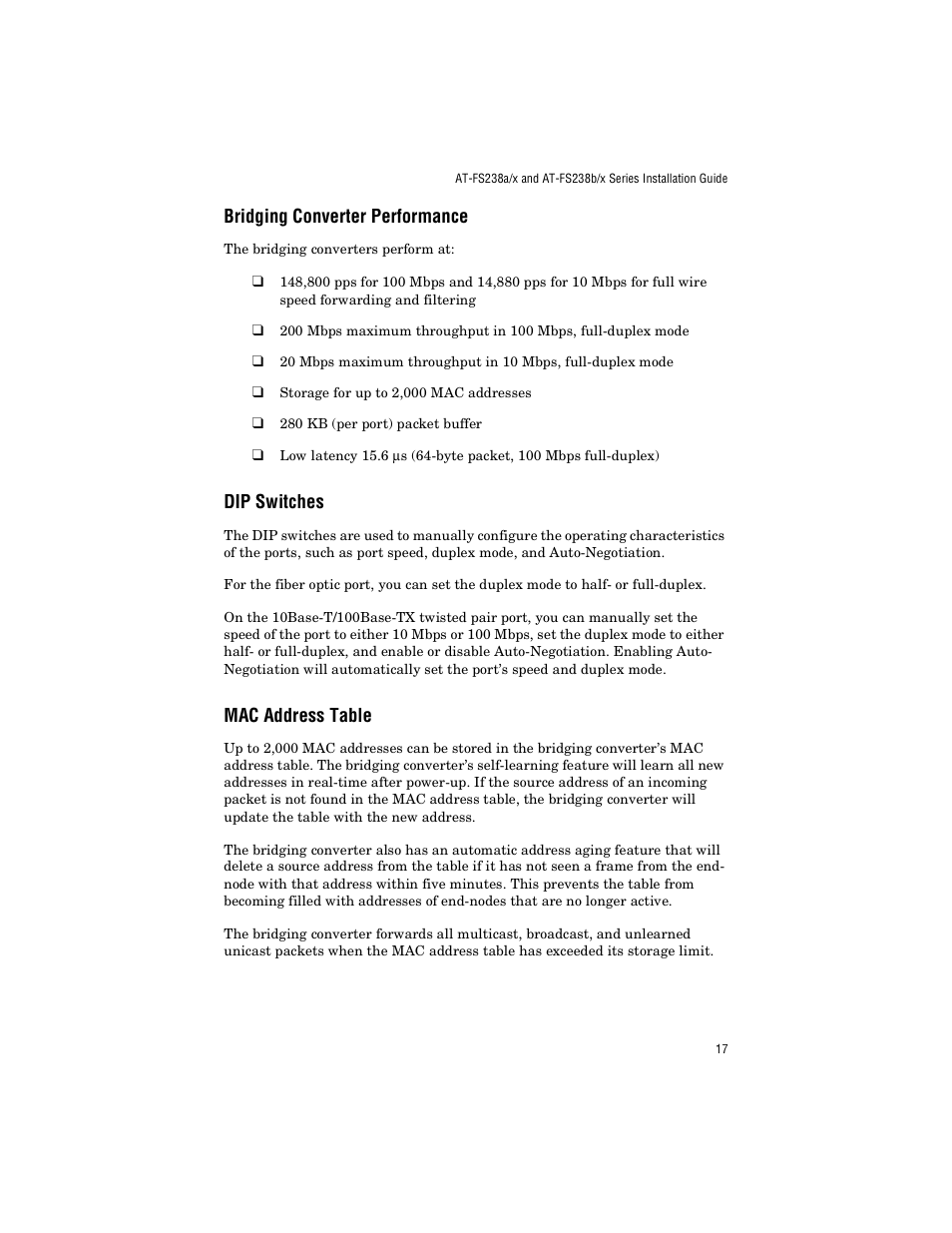 Bridging converter performance, Dip switches, Mac address table | Allied Telesis AT-FS238b/2 User Manual | Page 27 / 76