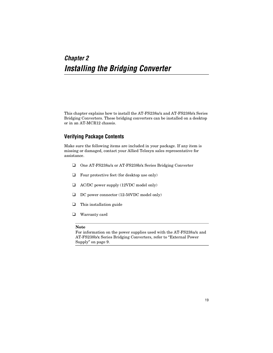 Chapter 2, Installing the bridging converter, Verifying package contents | Allied Telesis AT-FS238b/2 User Manual | Page 29 / 76