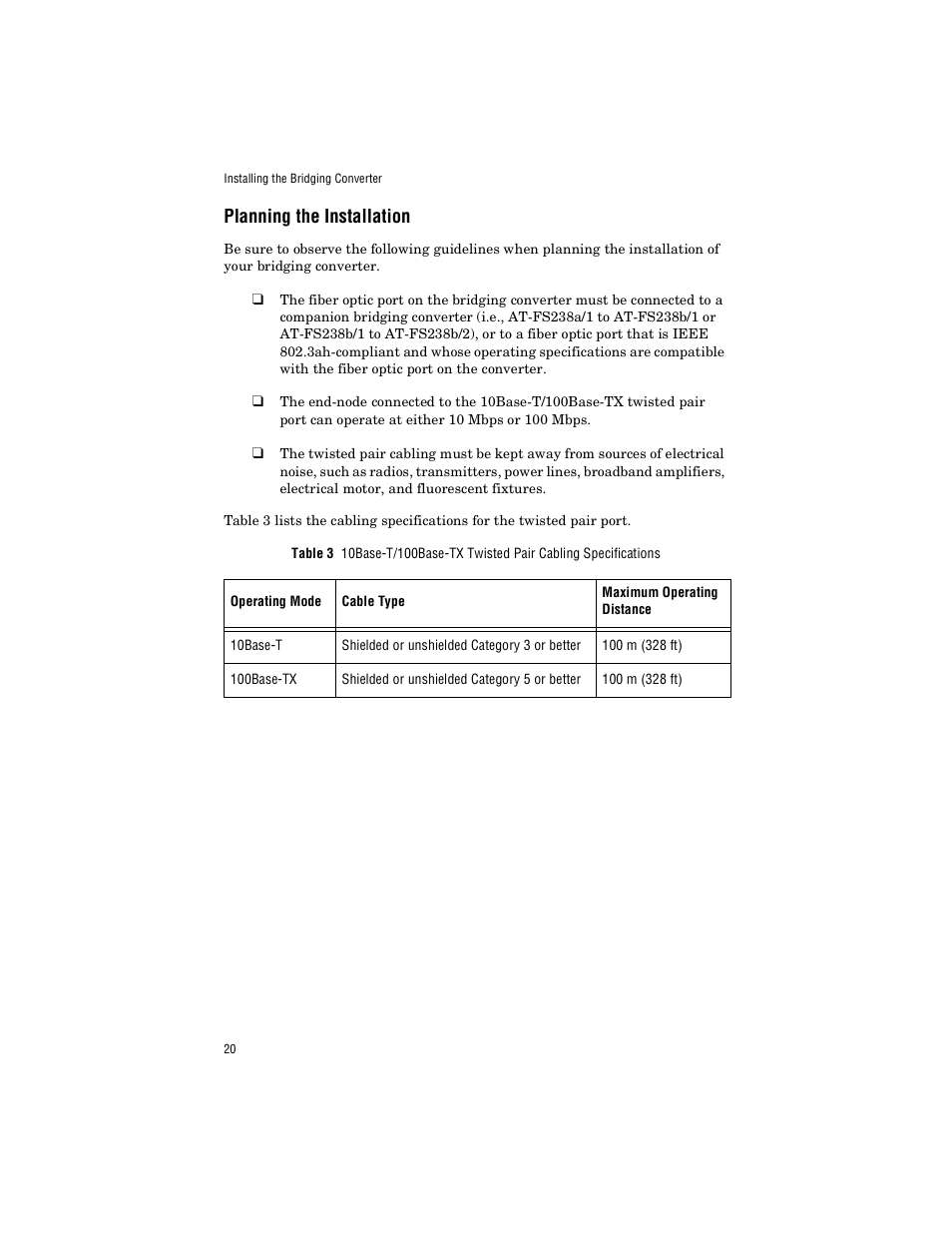 Planning the installation | Allied Telesis AT-FS238b/2 User Manual | Page 30 / 76