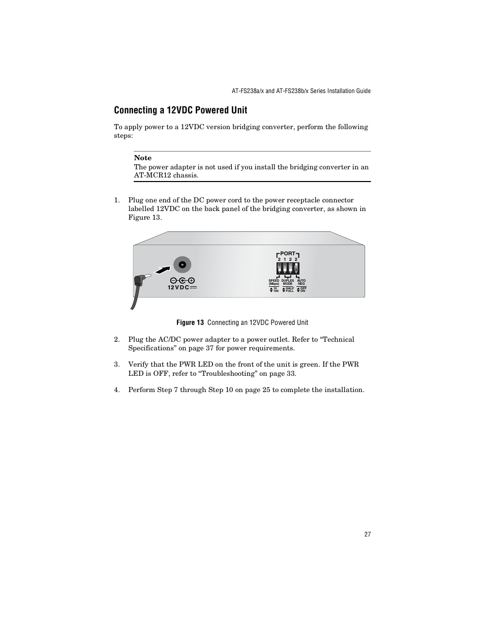 Connecting a 12vdc powered unit | Allied Telesis AT-FS238b/2 User Manual | Page 37 / 76