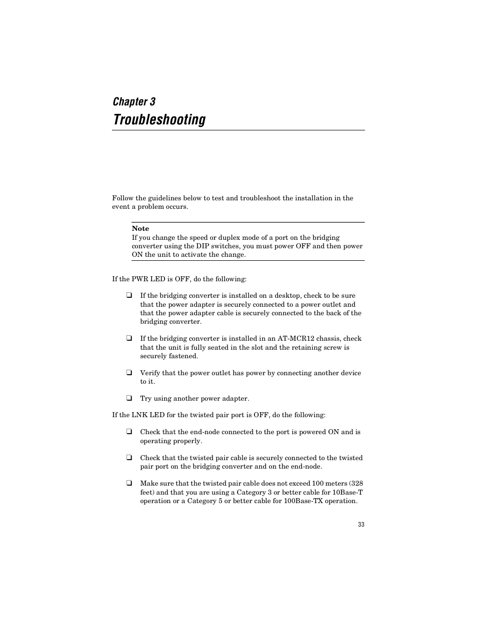 Chapter 3, Troubleshooting | Allied Telesis AT-FS238b/2 User Manual | Page 43 / 76