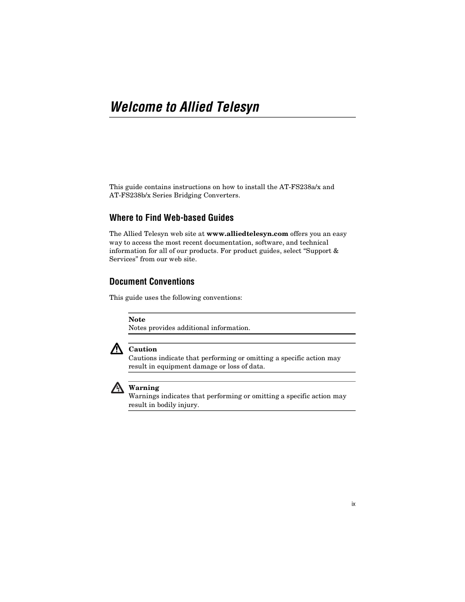 Welcome to allied telesyn, Where to find web-based guides, Document conventions | Allied Telesis AT-FS238b/2 User Manual | Page 9 / 76