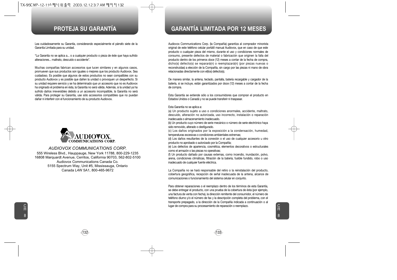Proteja su garantía garantía limitada por 12 meses | Audiovox CDM-8900 User Manual | Page 136 / 137