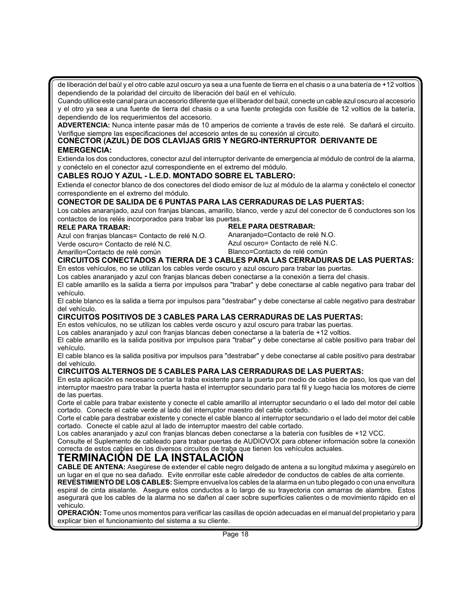 Terminación de la instalación | Audiovox APS-35-CL User Manual | Page 17 / 19