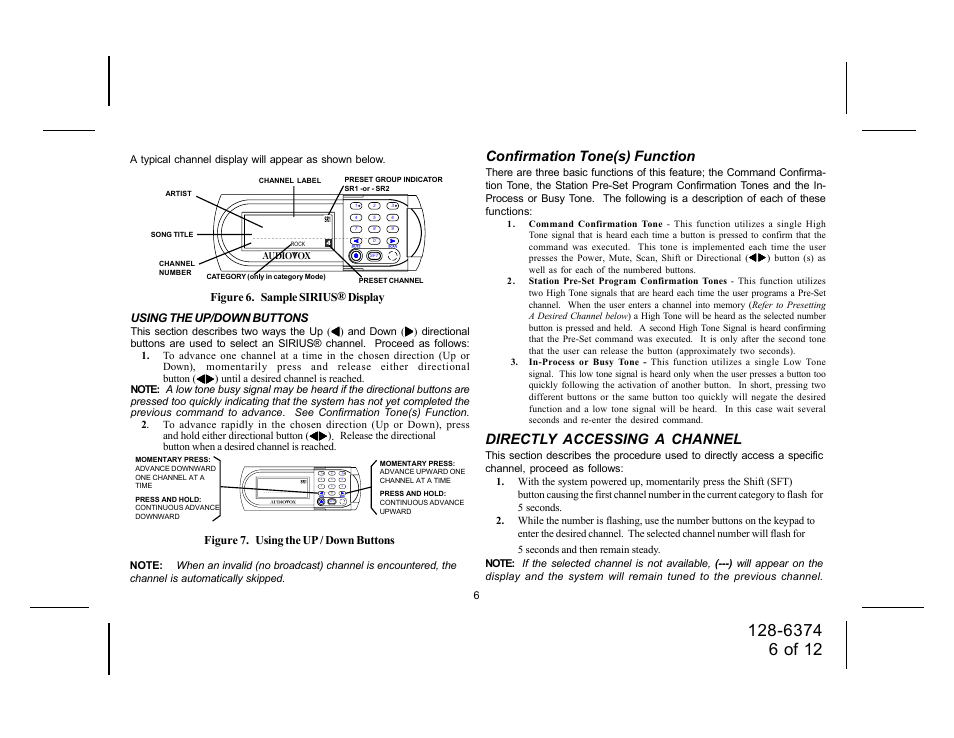 Directly accessing a channel, Confirmation tone(s) function, Figure 7. using the up / down buttons | Audiovox SIRIUS SRSIR-001FM User Manual | Page 6 / 12