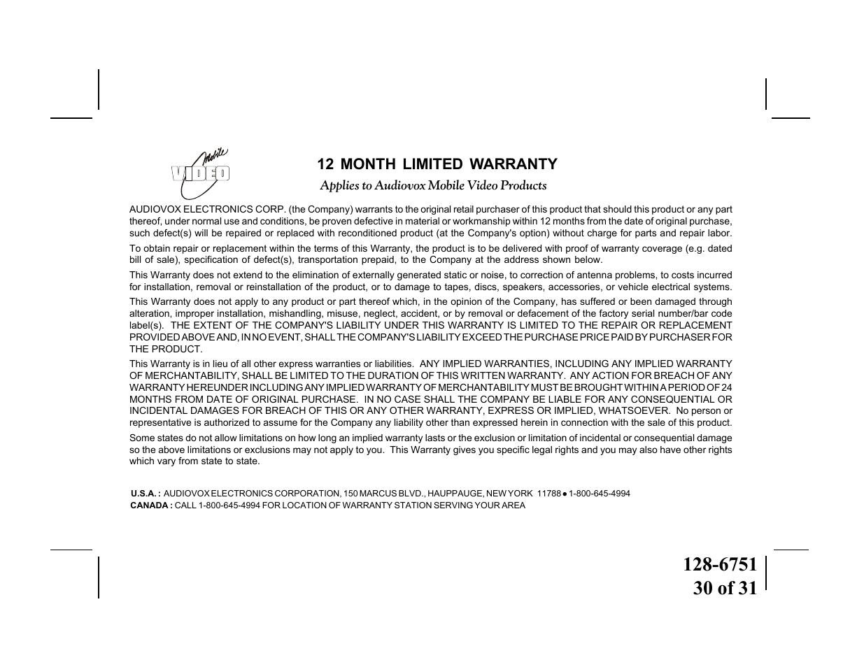 12 month limited warranty | Audiovox VOD715 User Manual | Page 30 / 31
