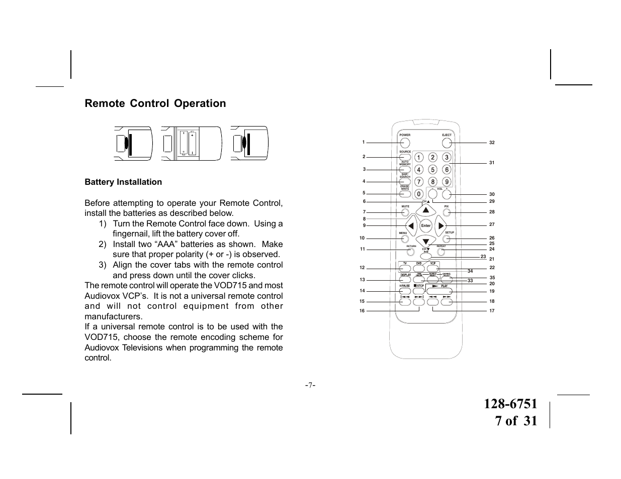 Remote control operation | Audiovox VOD715 User Manual | Page 7 / 31