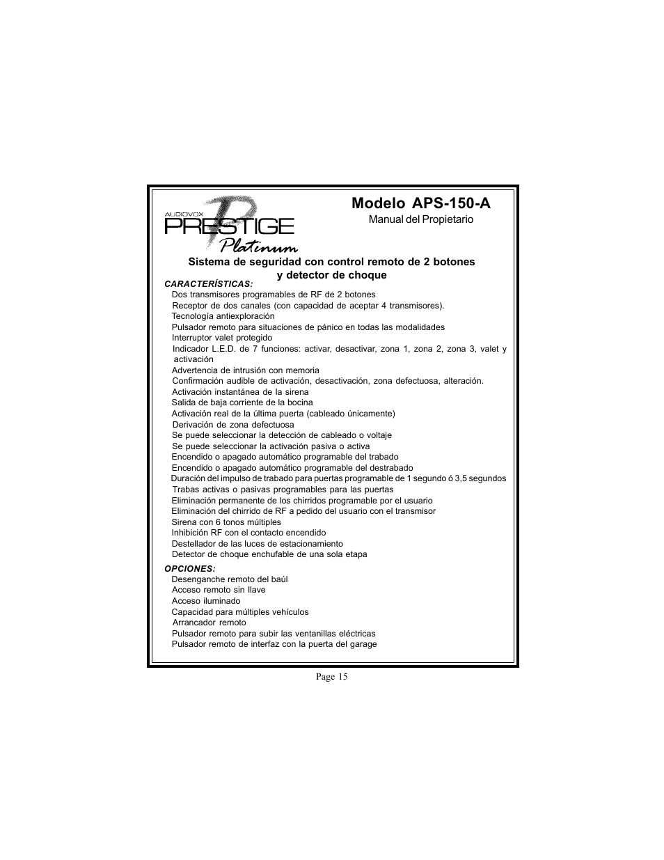Modelo aps-150-a | Audiovox Prestige Platinum APS-150-A User Manual | Page 15 / 21