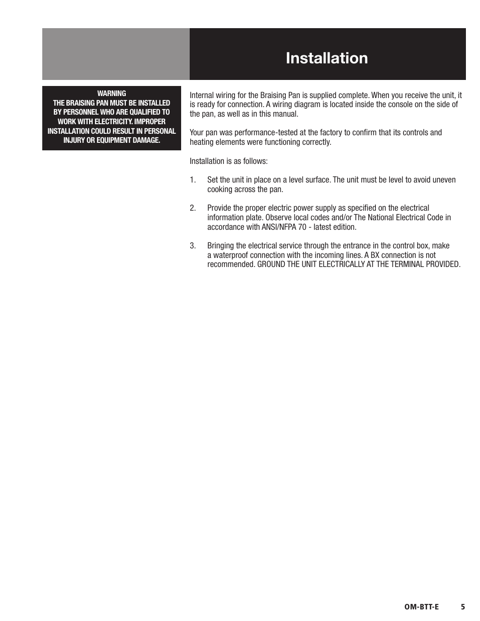 Installation | Blodgett BTT-E Series User Manual | Page 7 / 20