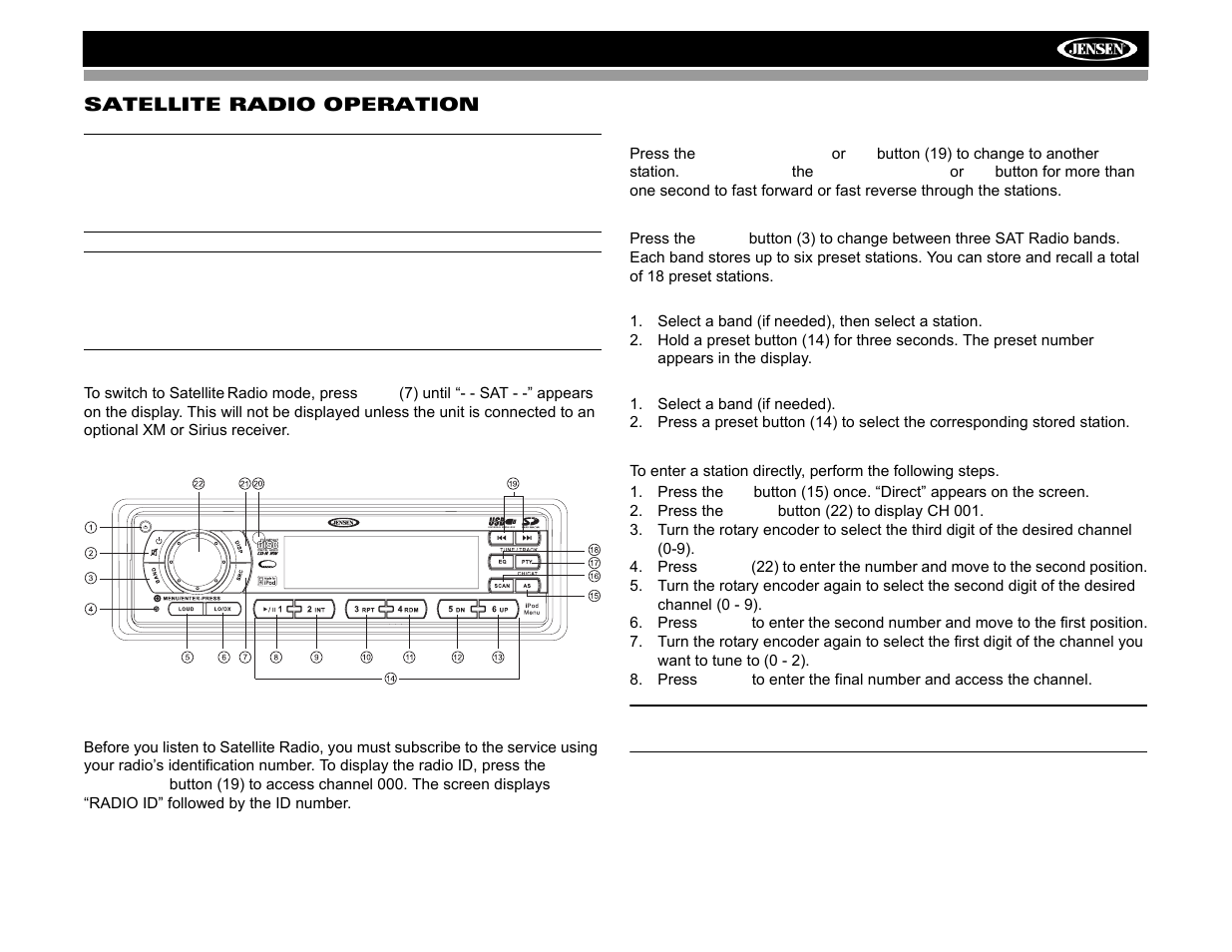 Mp6512i, Satellite radio operation, Ready universal serial bus | Audiovox Jensen MP6512i User Manual | Page 21 / 30